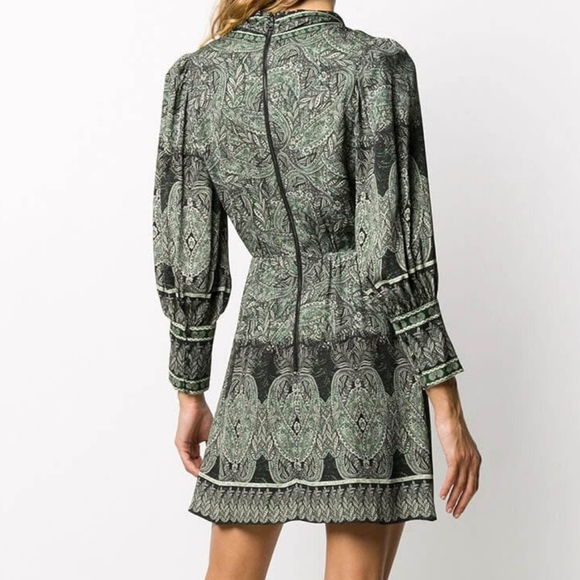 Alice + Olivia Tanisha Paisley Floral Long Sleeve with Neck Tie Green Dress 10 - Picture 2 of 16